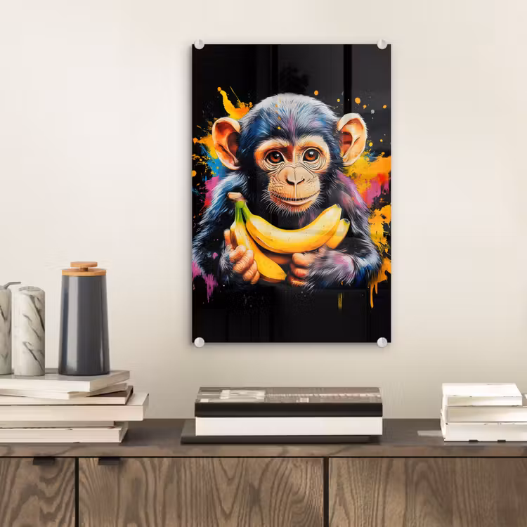 Glas schilderij - Aap - Graffiti - Kleurrijk - Bananen - Modern — 2