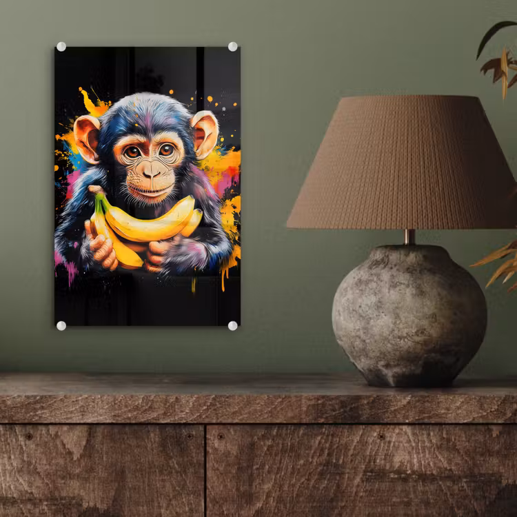 Glas schilderij - Aap - Graffiti - Kleurrijk - Bananen - Modern — 4