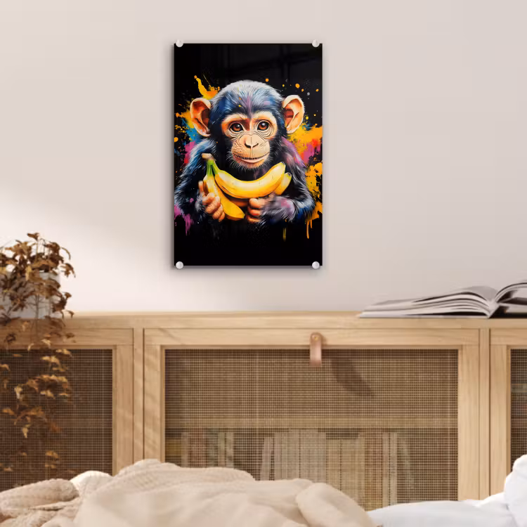 Glas schilderij - Aap - Graffiti - Kleurrijk - Bananen - Modern — 5