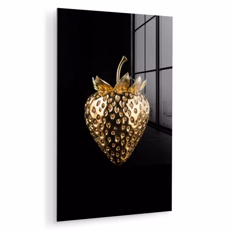 Glas schilderij - Aardbei - Goud - Zwart - Chrome — 1