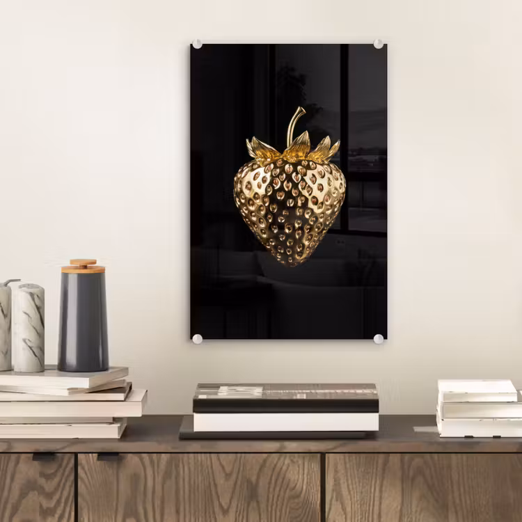 Glas schilderij - Aardbei - Goud - Zwart - Chrome — 2