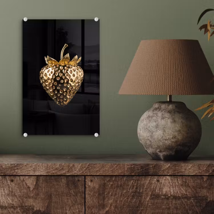 Glas schilderij - Aardbei - Goud - Zwart - Chrome — 4