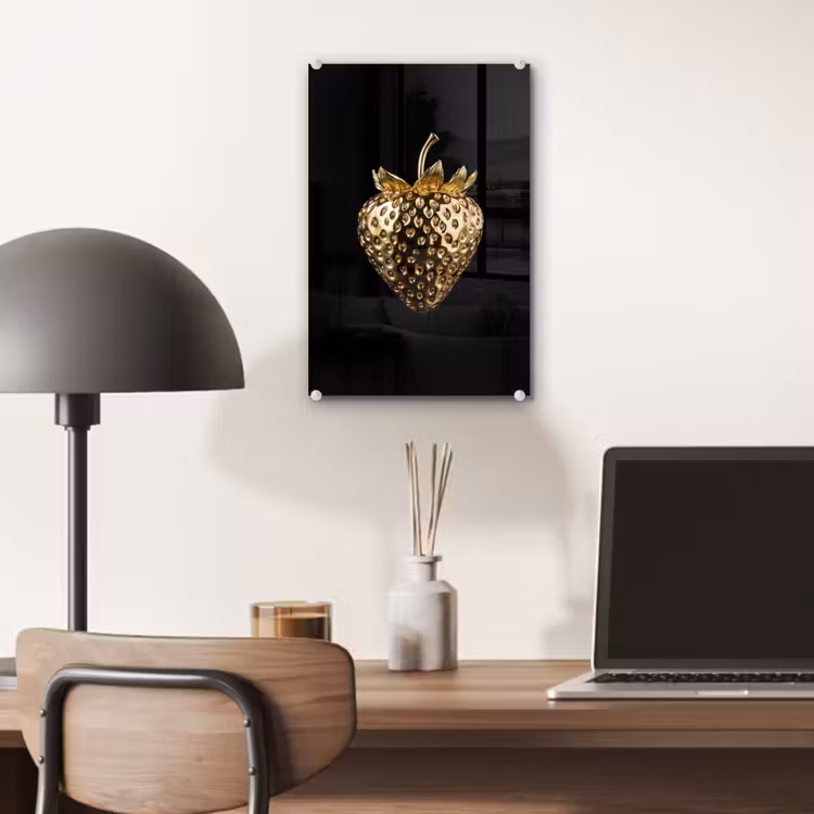 Glas schilderij - Aardbei - Goud - Zwart - Chrome — 7