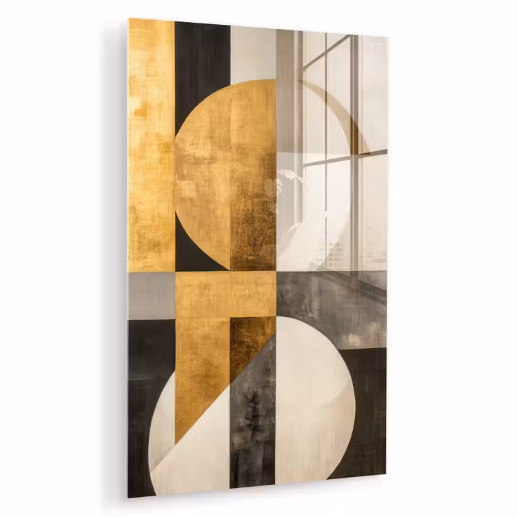 Glas schilderij - Abstract - Goud - Grijs - Vormen - Geometrisch — 1