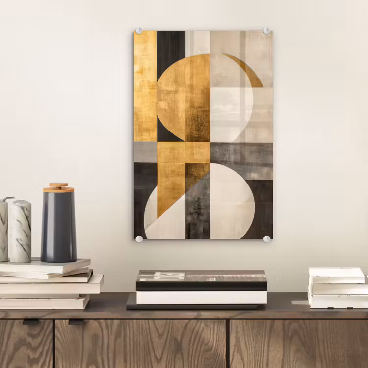 Glas schilderij - Abstract - Goud - Grijs - Vormen - Geometrisch — 2