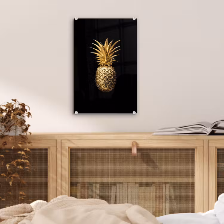 Glas schilderij - Ananas - Zwart - Goud - Luxe — 5