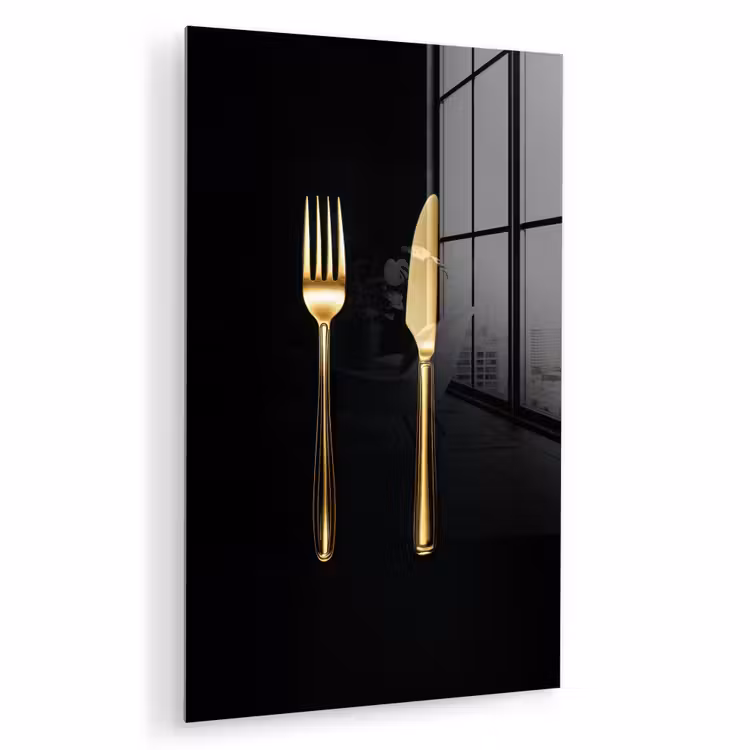Glas schilderij - Bestek - Goud - Mes - Vork — 1