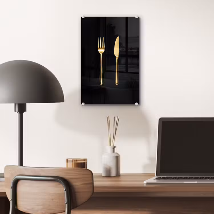 Glas schilderij - Bestek - Goud - Mes - Vork — 7