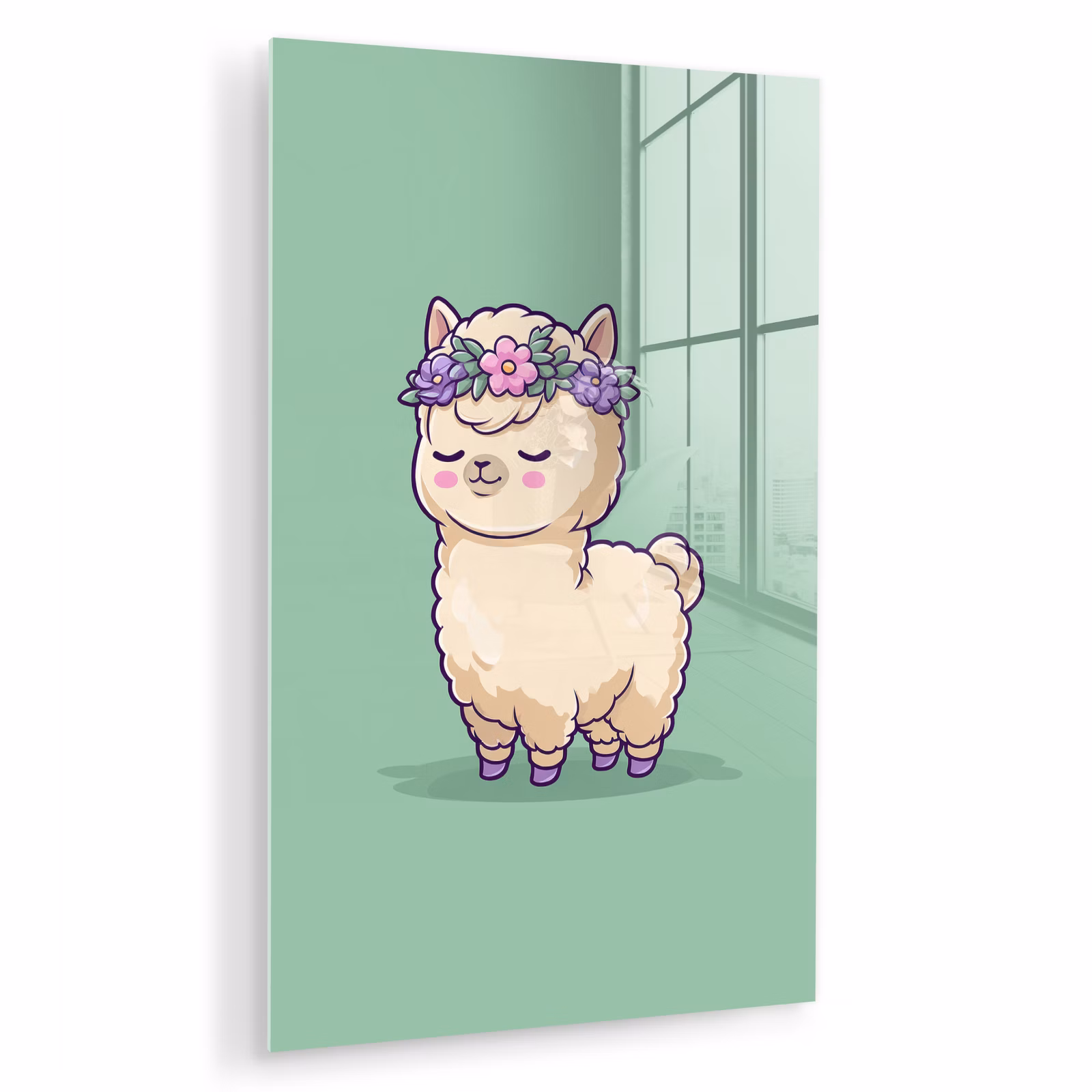 Glas schilderij - Alpaca - Groen - Bloemendiadeem — 1