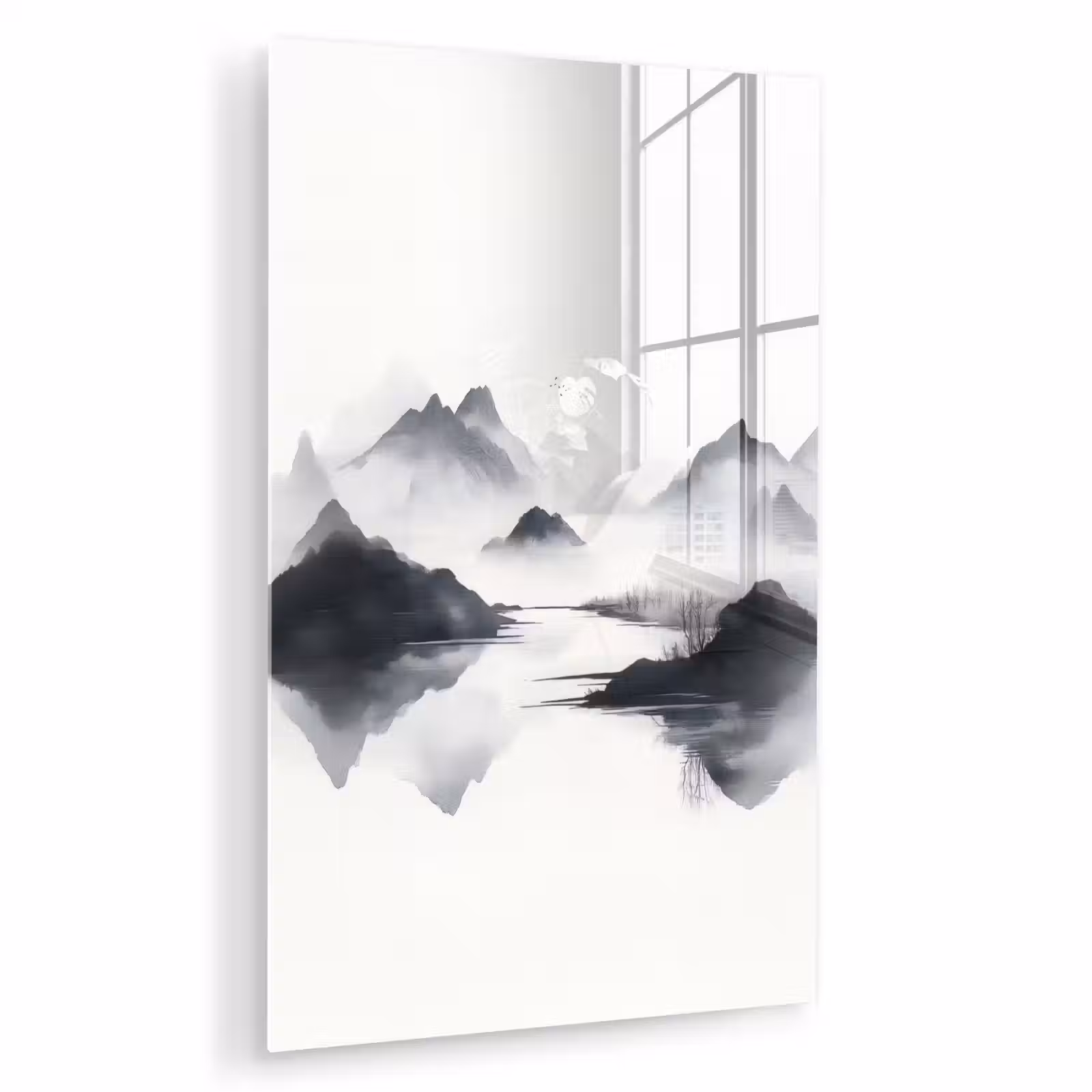 Glas schilderij - Bergen - Mistig - Water - Wit — 1