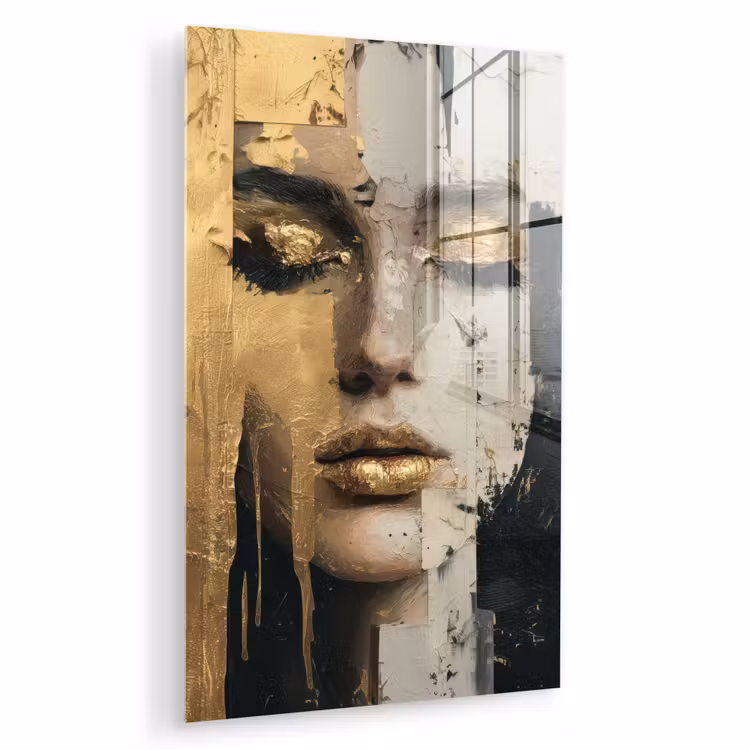 Glas schilderij - Abstract - Goud - Gezicht - Lippen — 1