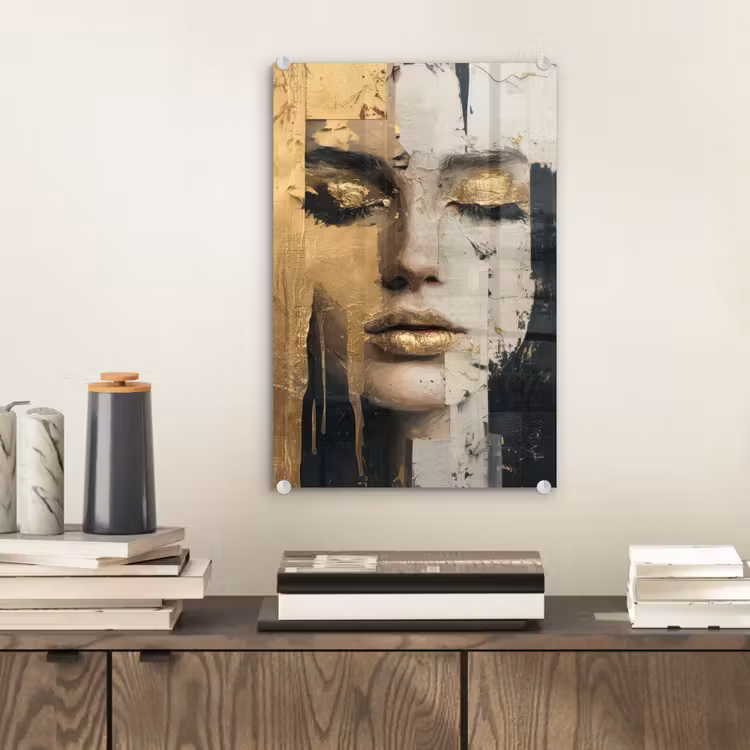 Glas schilderij - Abstract - Goud - Gezicht - Lippen — 2