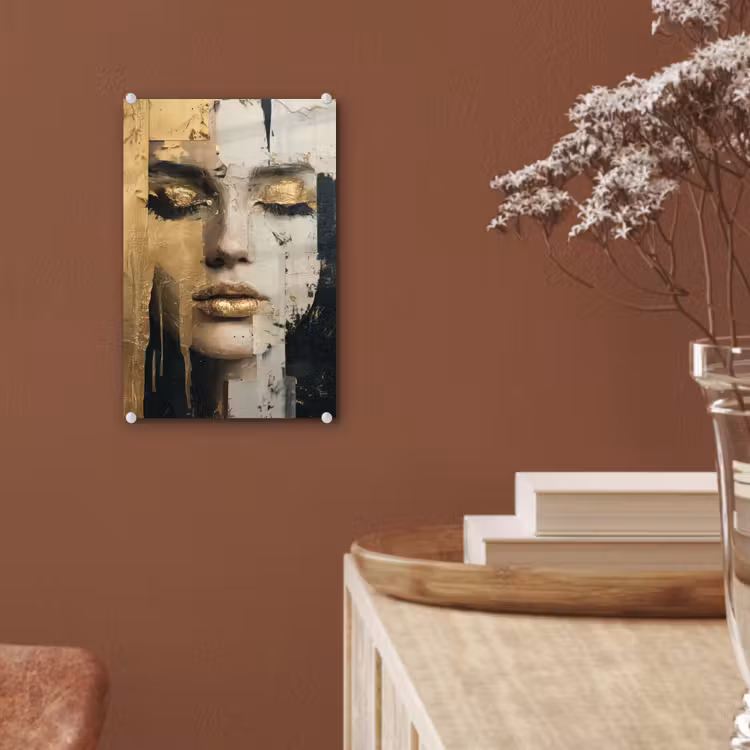 Glas schilderij - Abstract - Goud - Gezicht - Lippen — 6