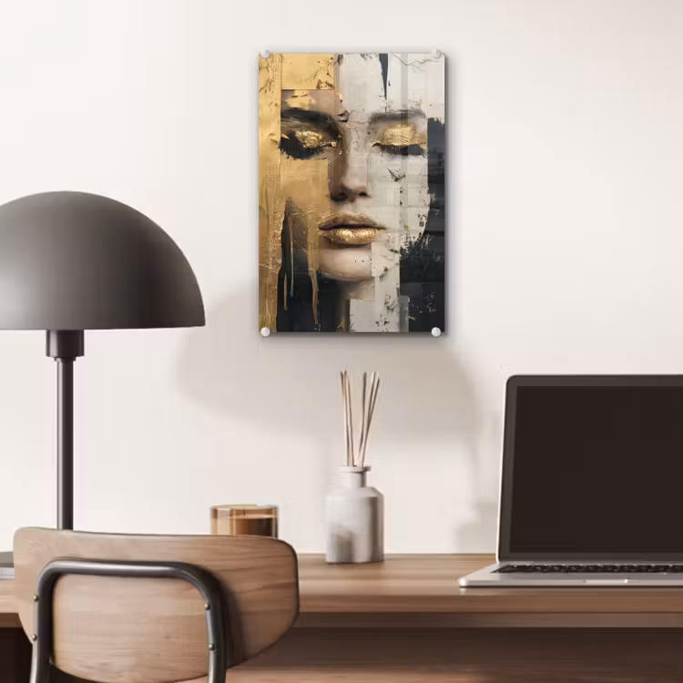 Glas schilderij - Abstract - Goud - Gezicht - Lippen — 7