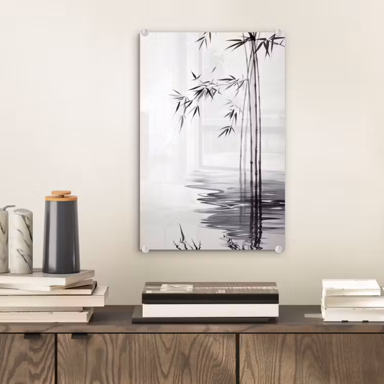 Glas schilderij - Bamboestammen - Water - Minimalistisch - Wit — 2
