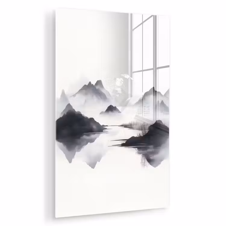 Glas schilderij - Bergen - Mistig - Water - Wit — 1