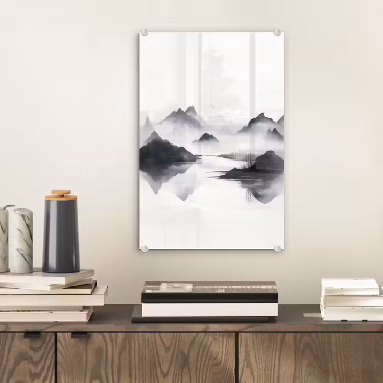 Glas schilderij - Bergen - Mistig - Water - Wit — 2