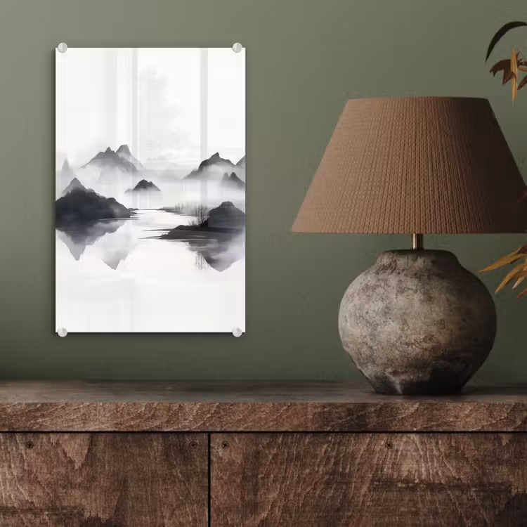 Glas schilderij - Bergen - Mistig - Water - Wit — 4