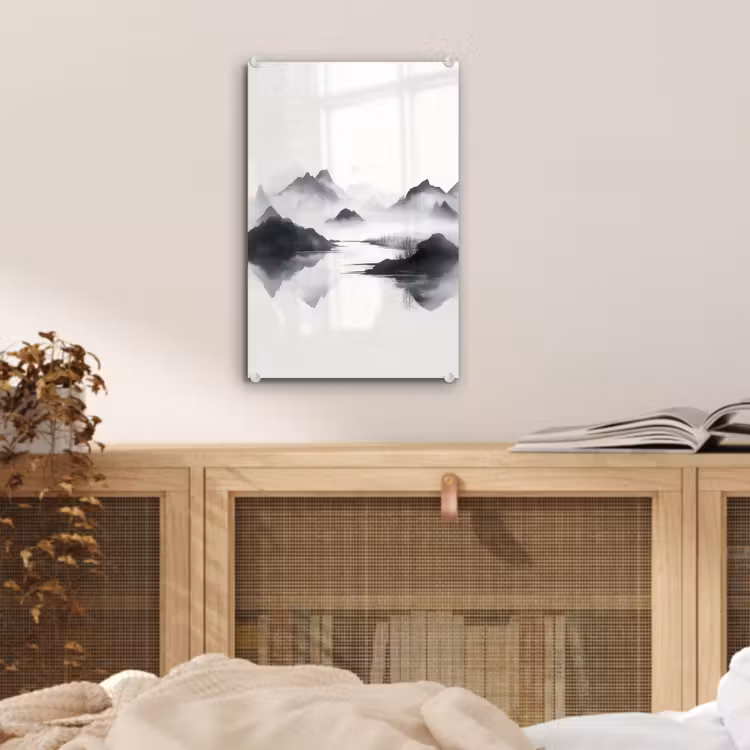 Glas schilderij - Bergen - Mistig - Water - Wit — 5