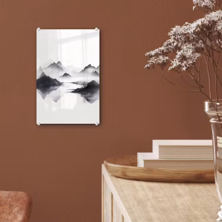 Glas schilderij - Bergen - Mistig - Water - Wit — 6
