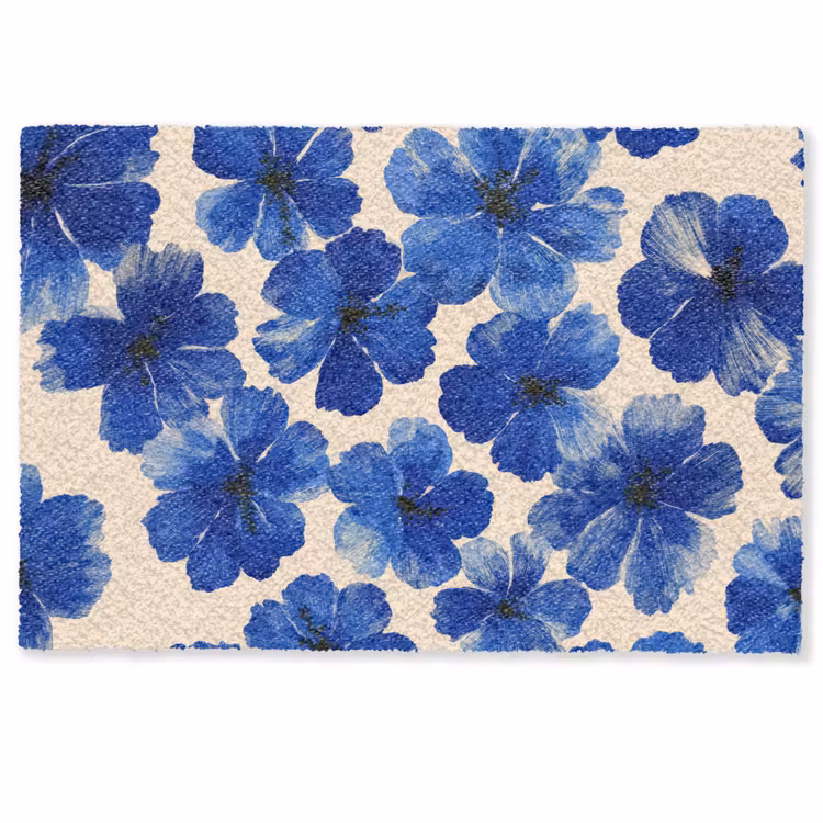 Deurmat - Bloemen - Blauw -Patroon - Wit — 1