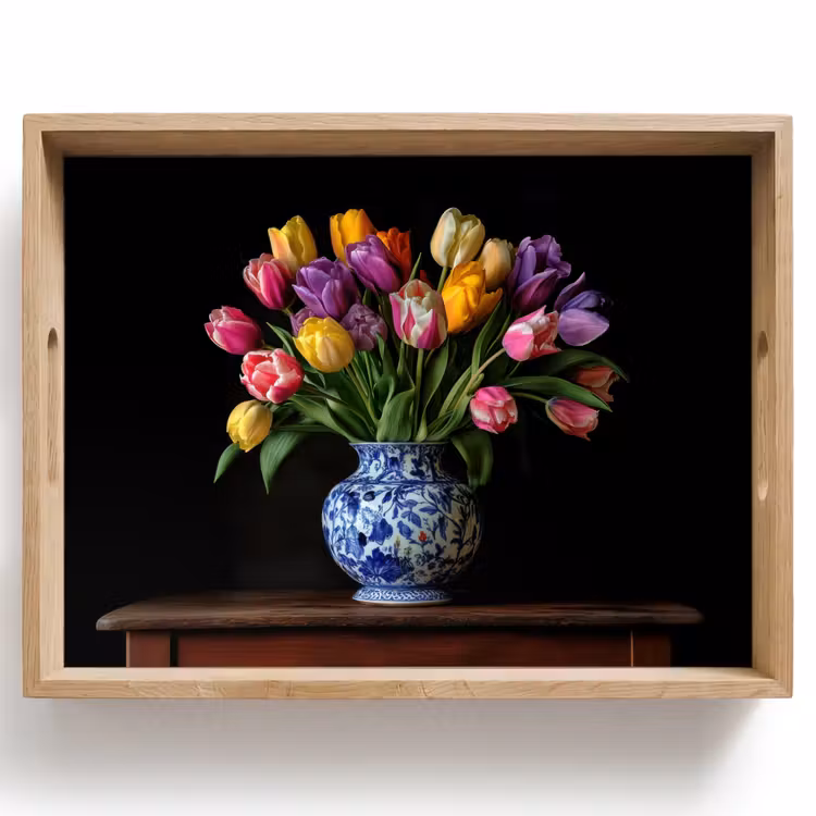 Dienblad - Tulpen - Kleuren - Hout - Vaas — 1