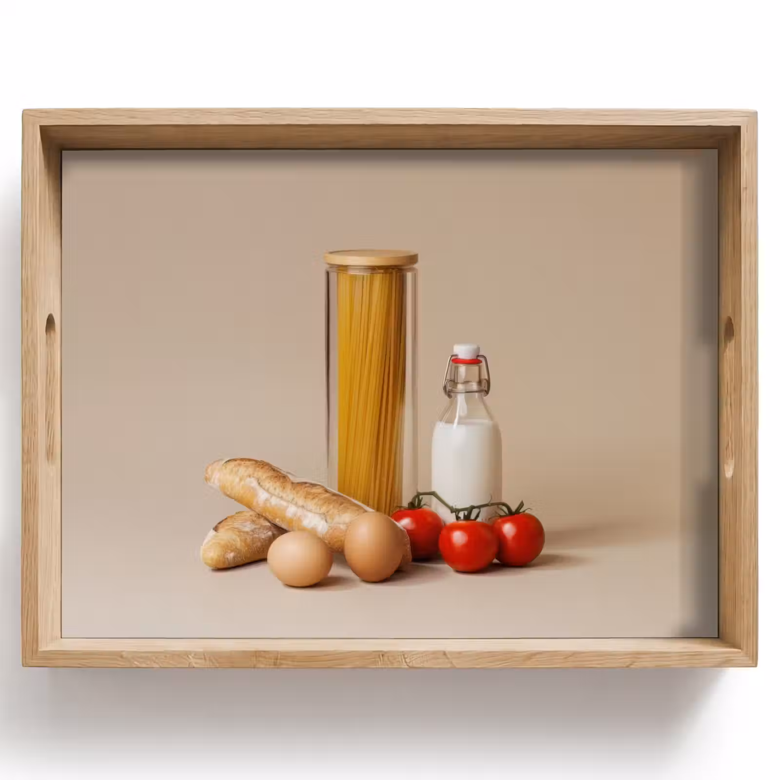 Dienblad - Spaghetti - Melk - Tomaten - Eieren - Brood — 1