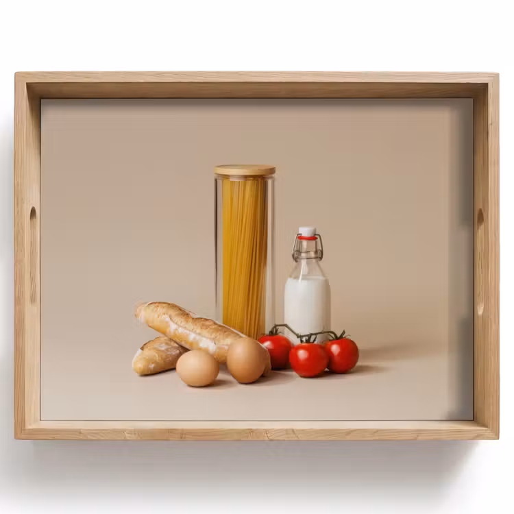 Dienblad - Spaghetti - Melk - Tomaten - Eieren - Brood — 1