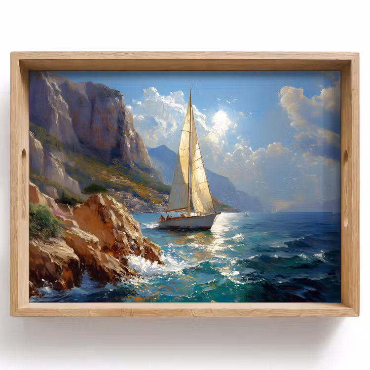 Dienblad - Zeilschip - Zee - Rotsen - Wolken — 1