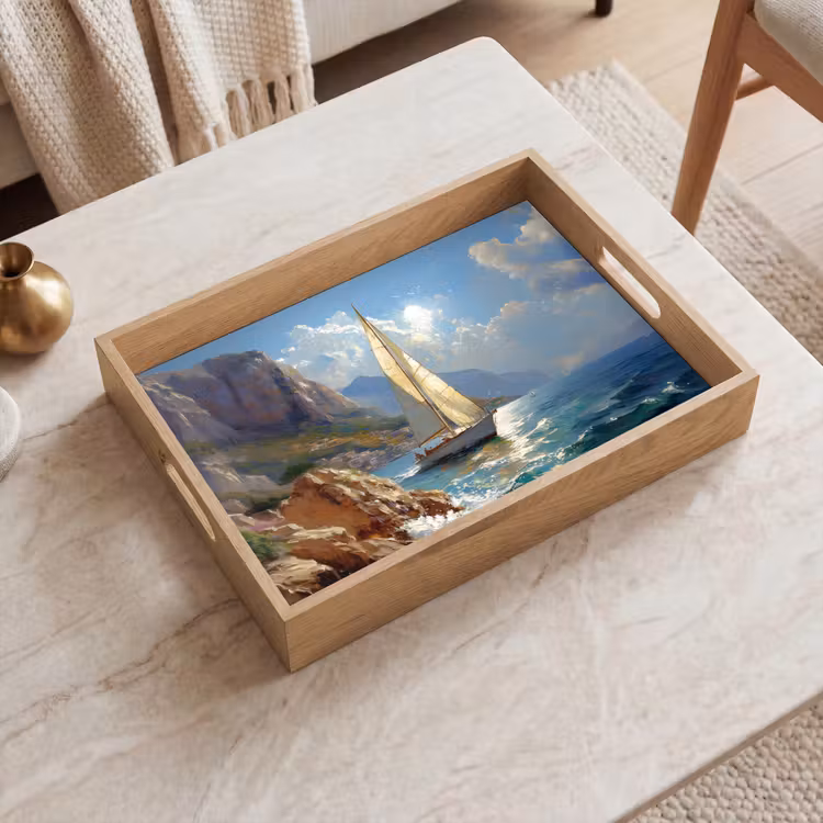 Dienblad - Zeilschip - Zee - Rotsen - Wolken — 2
