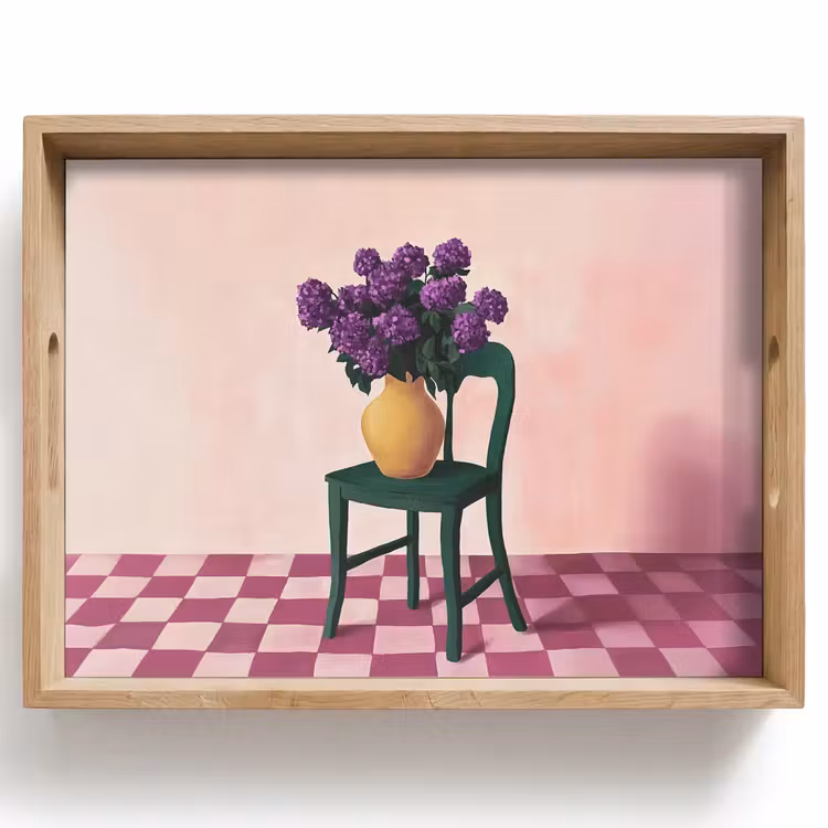 Dienblad - Stoel - Vaas - Bloemen - Geblokt — 1