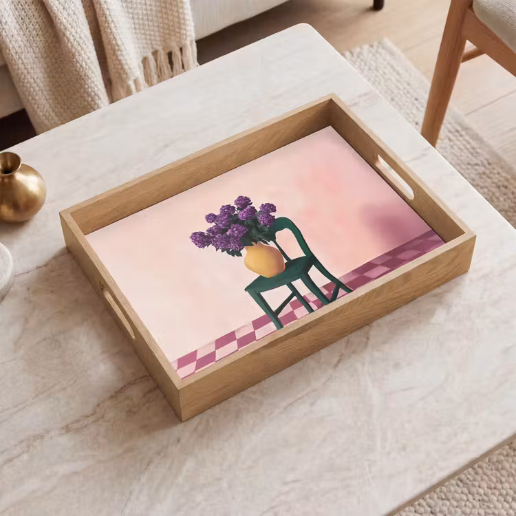 Dienblad - Stoel - Vaas - Bloemen - Geblokt — 2