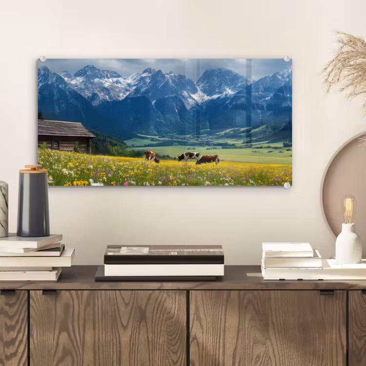 Glas schilderij - Alpen - Weide - Bergen - Koeien — 2