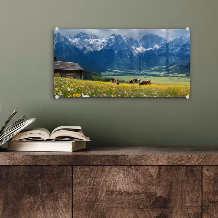Glas schilderij - Alpen - Weide - Bergen - Koeien — 4