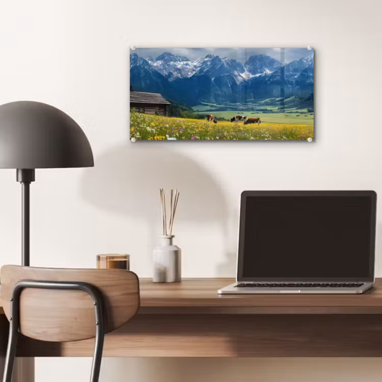 Glas schilderij - Alpen - Weide - Bergen - Koeien — 7