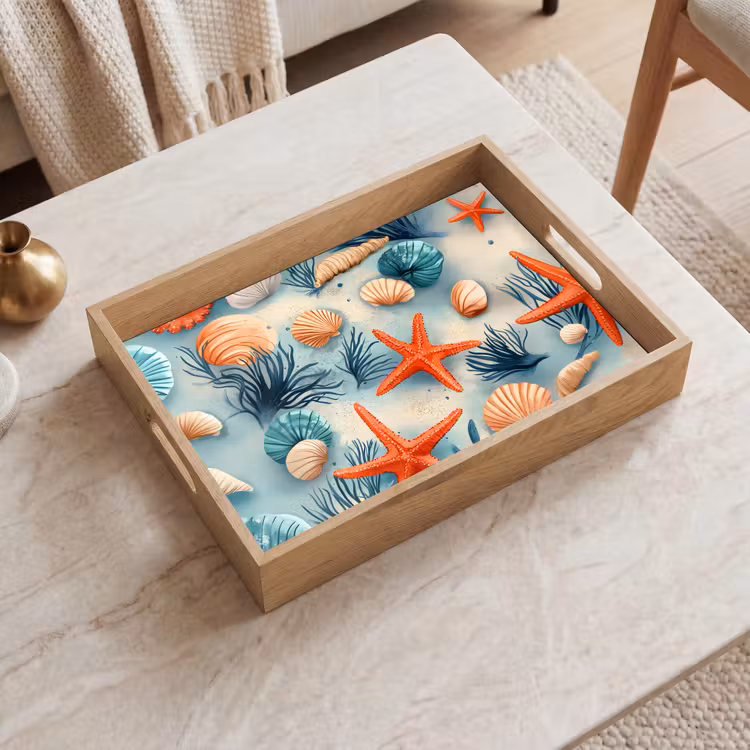 Dienblad - Zeesterren - Schelpen - Illustratie - Zand — 2
