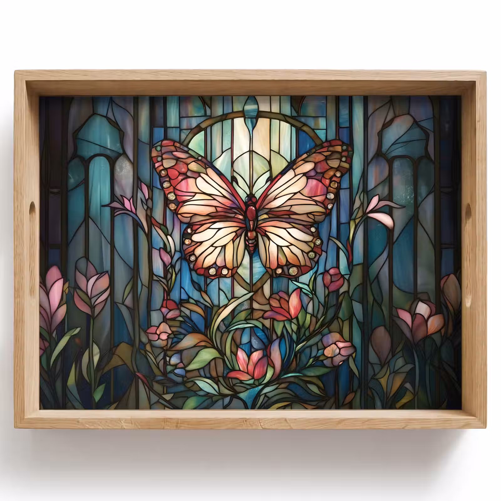 Dienblad - Vlinder - Roze - Bloemen - Bladeren — 1
