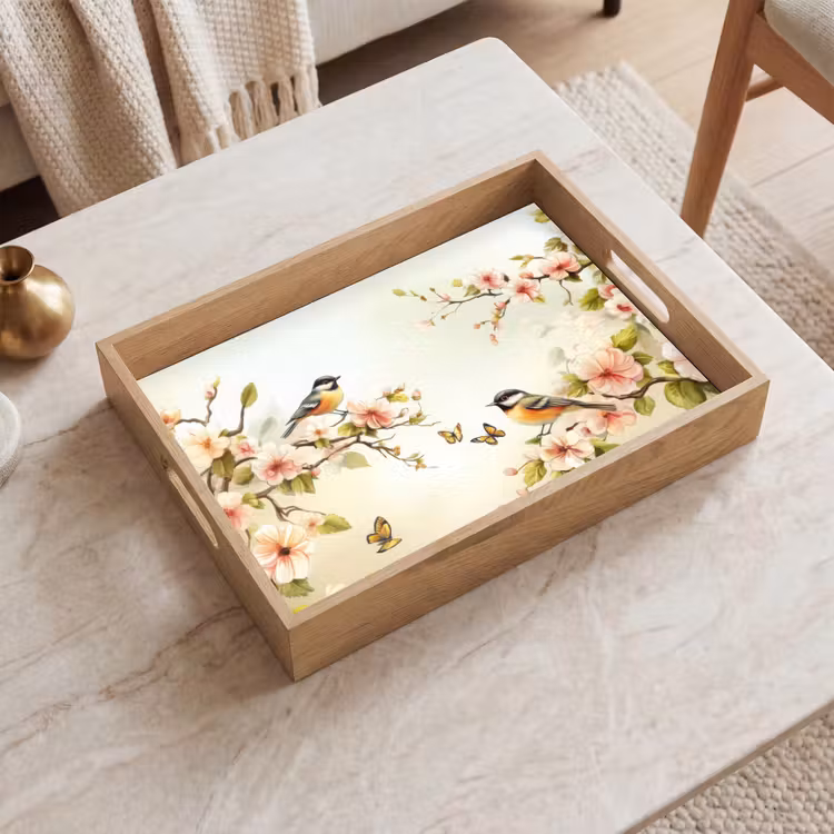 Dienblad - Takken - Bloemen - Vogeltjes - Roze — 2