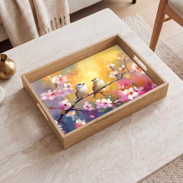 Dienblad - Vogels - Bloemen - Roze — 2