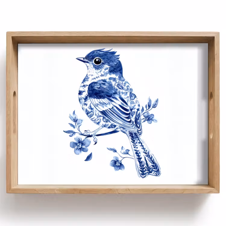 Dienblad - Vogel - Delfts blauw - Illustratie - Bloemen — 1