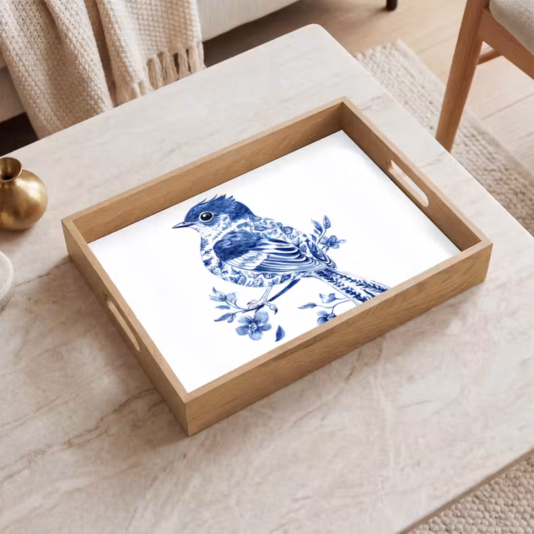 Dienblad - Vogel - Delfts blauw - Illustratie - Bloemen — 2