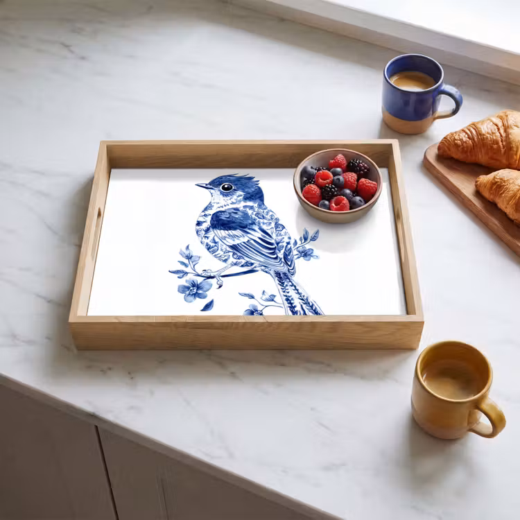 Dienblad - Vogel - Delfts blauw - Illustratie - Bloemen — 4