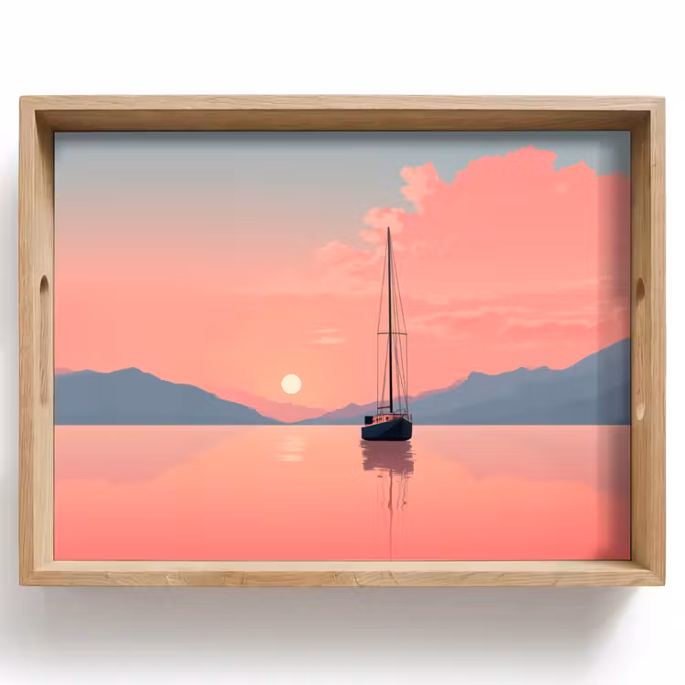Dienblad - Zeilboot - Roze zee - Zonsondergang - Bergen — 1