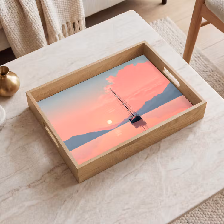 Dienblad - Zeilboot - Roze zee - Zonsondergang - Bergen — 2