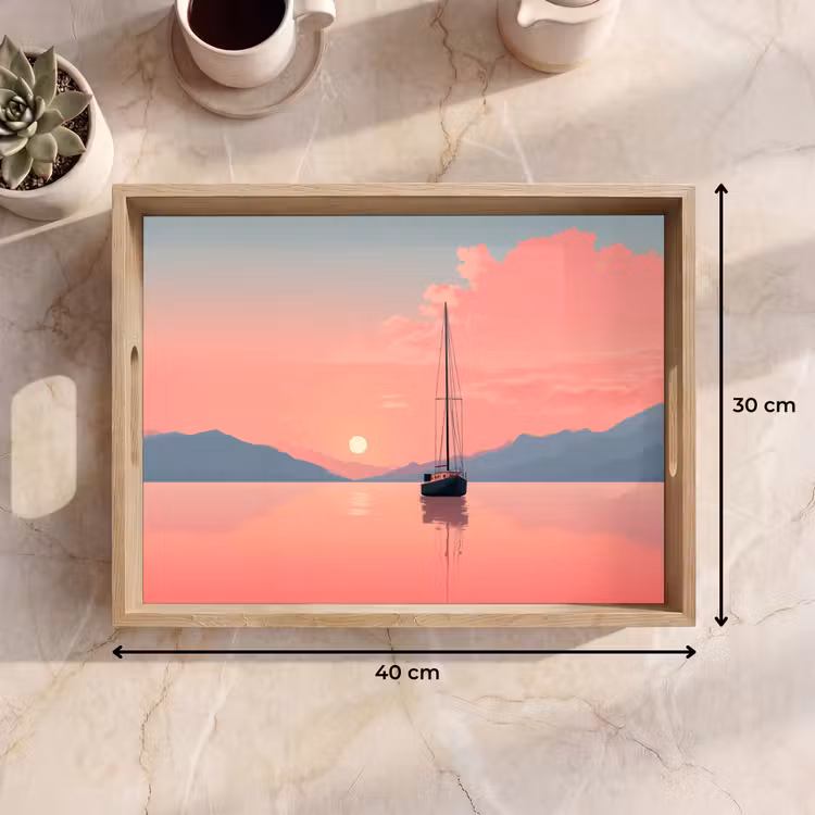 Dienblad - Zeilboot - Roze zee - Zonsondergang - Bergen — 9