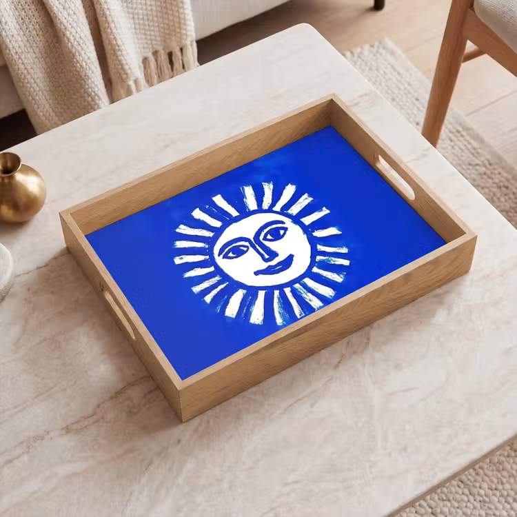Dienblad - Zon - Gezicht - Penseelstructuur - Blauw — 2