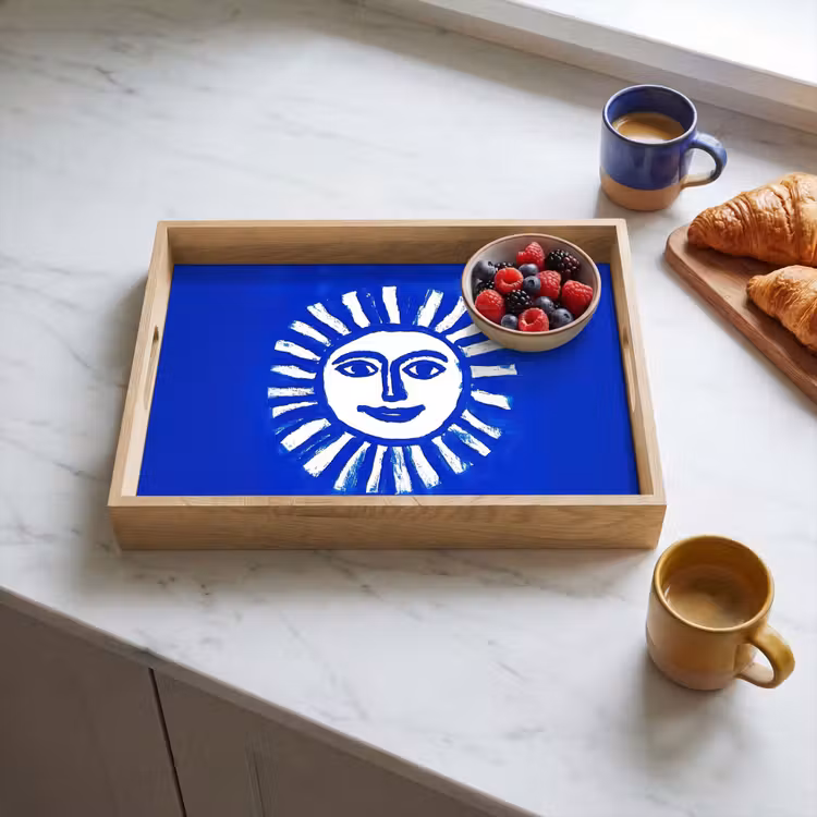 Dienblad - Zon - Gezicht - Penseelstructuur - Blauw — 4