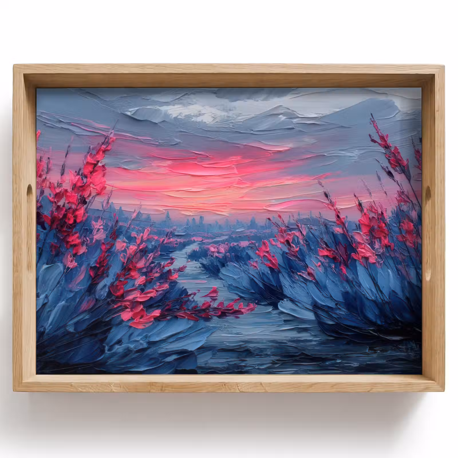 Dienblad - Schilderij - Zonsondergang - Bloemen - Rivier — 1