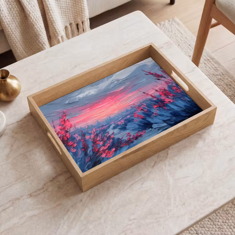 Dienblad - Schilderij - Zonsondergang - Bloemen - Rivier — 2
