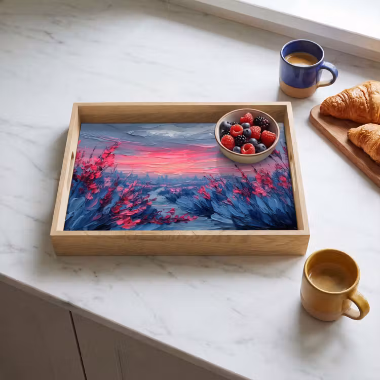 Dienblad - Schilderij - Zonsondergang - Bloemen - Rivier — 4